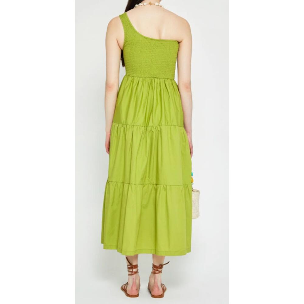 o.p.t One Shoulder Smocked Tiered A-Line Maxi Dress Chartreuse Green Large - Picture 2 of 8